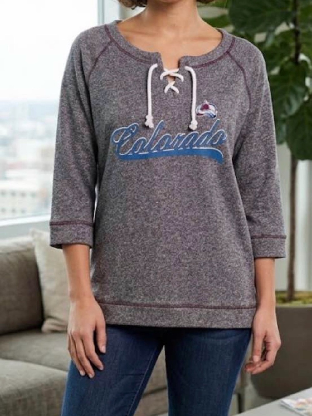 NHL Colorado Avalanche Gray and White Lace-Up Sweater with Burgundy Accents